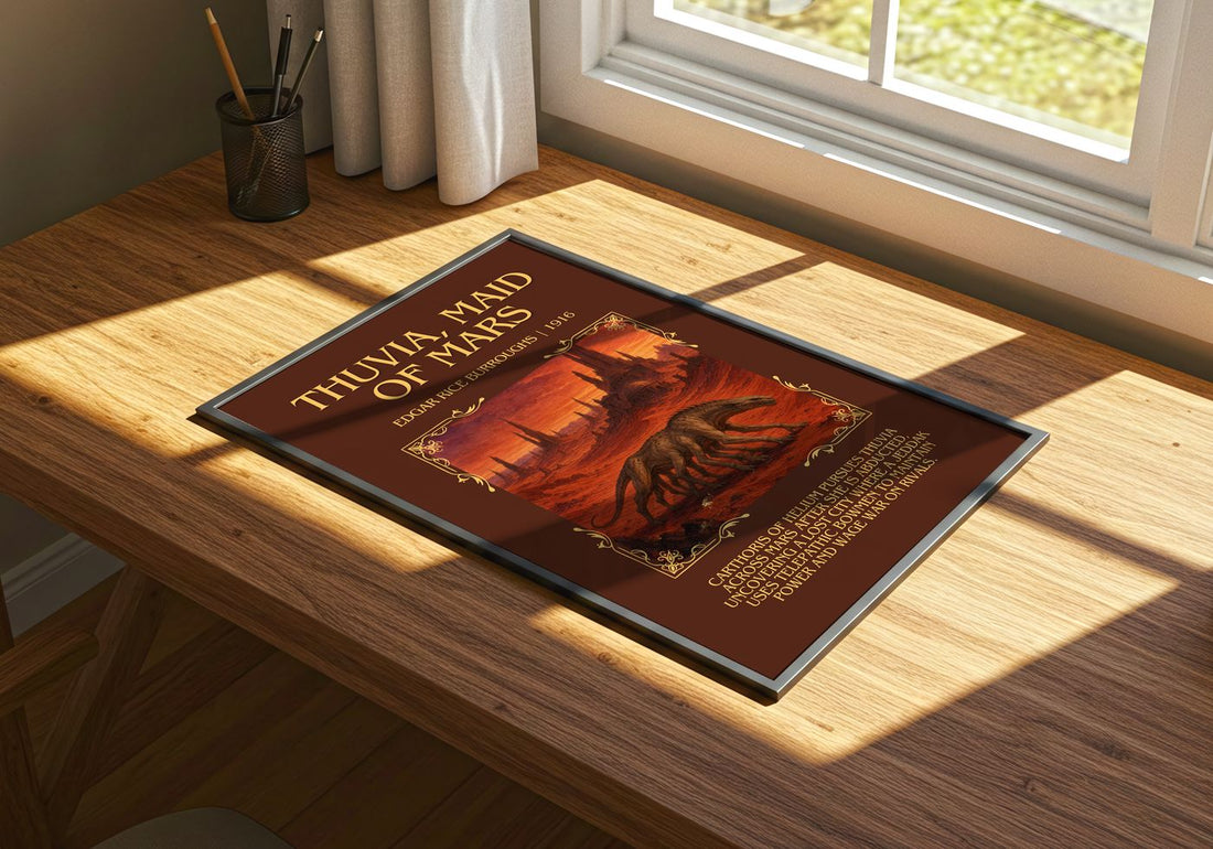 Thuvia, Maid Of Mars Minimalist Book Poster by Edgar Rice Burroughs – print on a sunlit desk