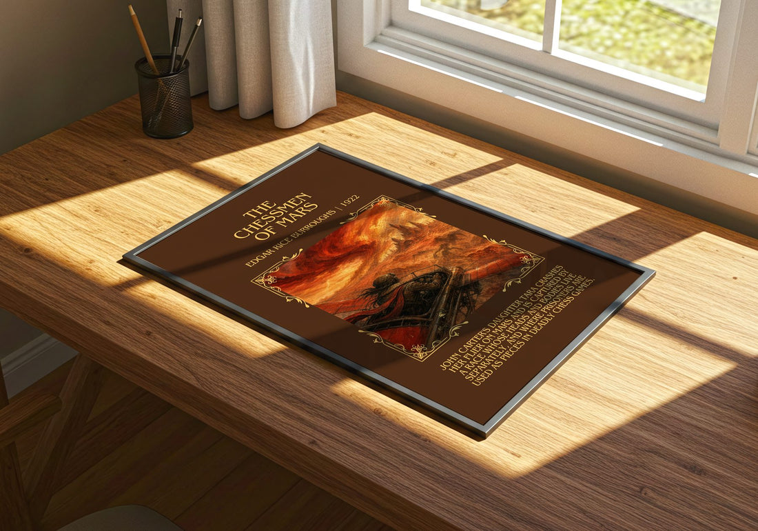 The Chessmen Of Mars Minimalist Book Poster by Edgar Rice Burroughs – print on a sunlit desk