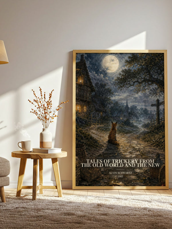 Tales Of Trickery From The Old World And The New watercolour print in frame leaning in hallway – childrens wall art
