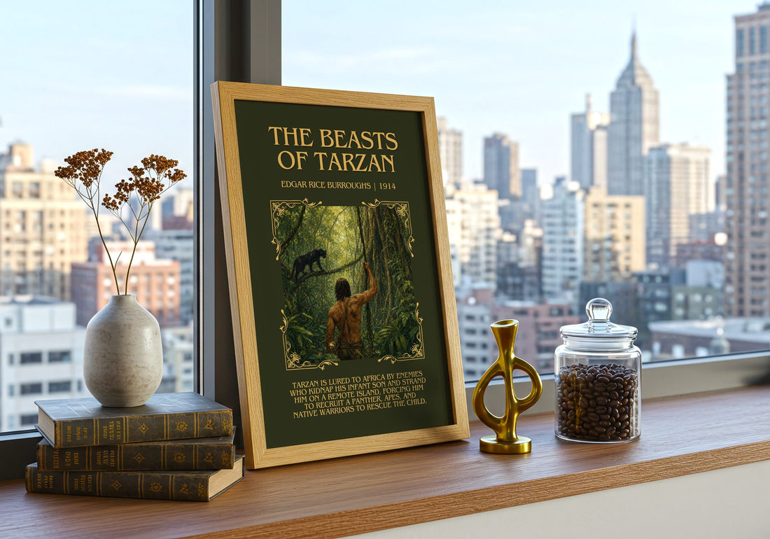 The Beasts Of Tarzan Minimalist Book Poster by Edgar Rice Burroughs – framed print on a city-view windowsill