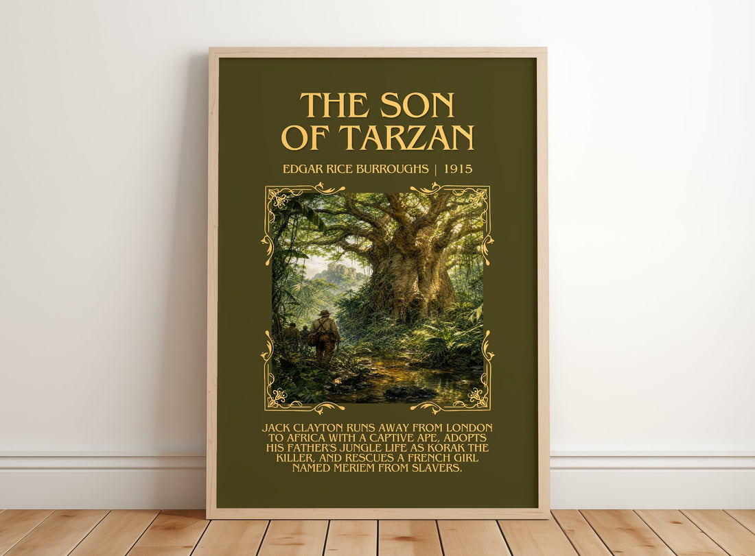 The Son Of Tarzan Minimalist Book Poster by Edgar Rice Burroughs – framed print leaning on a wooden floor