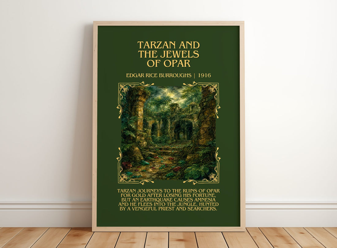 Tarzan And The Jewels Of Opar Minimalist Book Poster by E. Burroughs – framed print leaning on a wooden floor