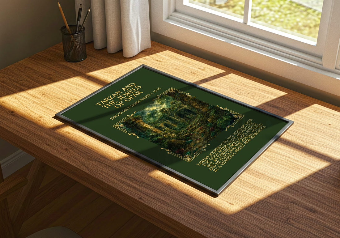Tarzan And The Jewels Of Opar Minimalist Book Poster by E. Burroughs – print on a sunlit desk