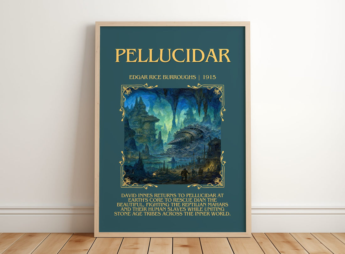 Pellucidar Minimalist Book Poster by Edgar Rice Burroughs – framed print leaning on a wooden floor