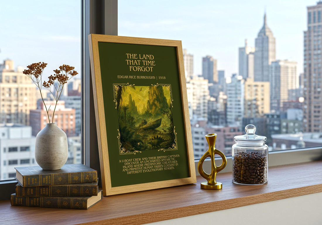 Land That Time Forgot Minimalist Book Poster by Edgar Rice Burroughs – framed print on a city-view windowsill