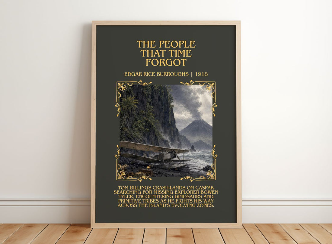 People That Time Forgot Minimalist Book Poster by Edgar Rice Burroughs – framed print leaning on a wooden floor
