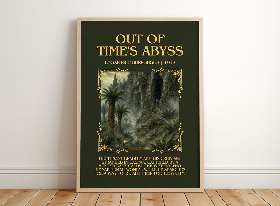 Out Of Time'S Abyss Minimalist Book Poster by Edgar Rice Burroughs – framed print leaning on a wooden floor