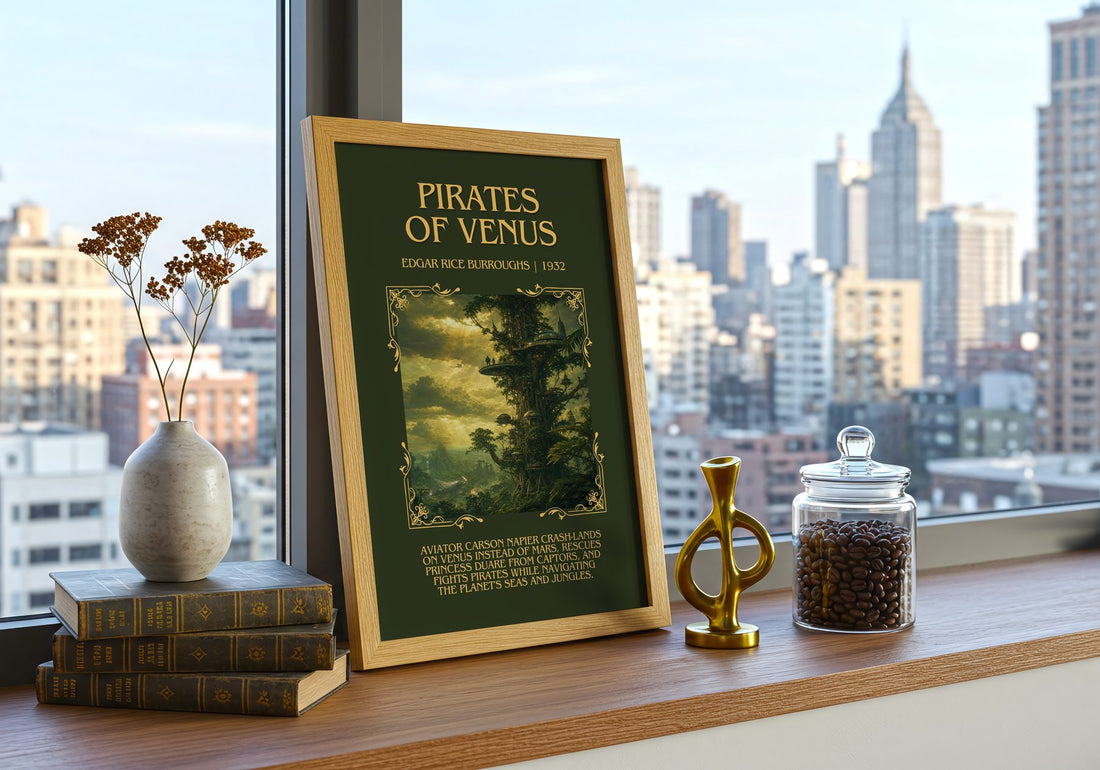 Pirates Of Venus Minimalist Book Poster by Edgar Rice Burroughs – framed print on a city-view windowsill