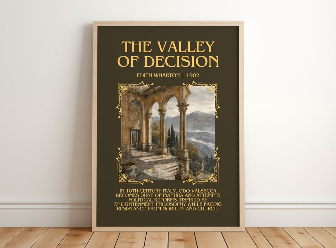 The Valley Of Decision Minimalist Book Poster by Edith Wharton – framed print leaning on a wooden floor