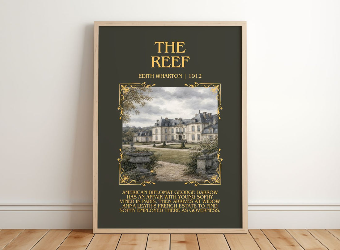 The Reef Minimalist Book Poster by Edith Wharton – framed print leaning on a wooden floor