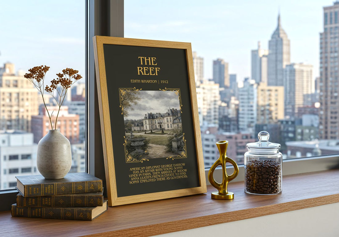 The Reef Minimalist Book Poster by Edith Wharton – framed print on a city-view windowsill