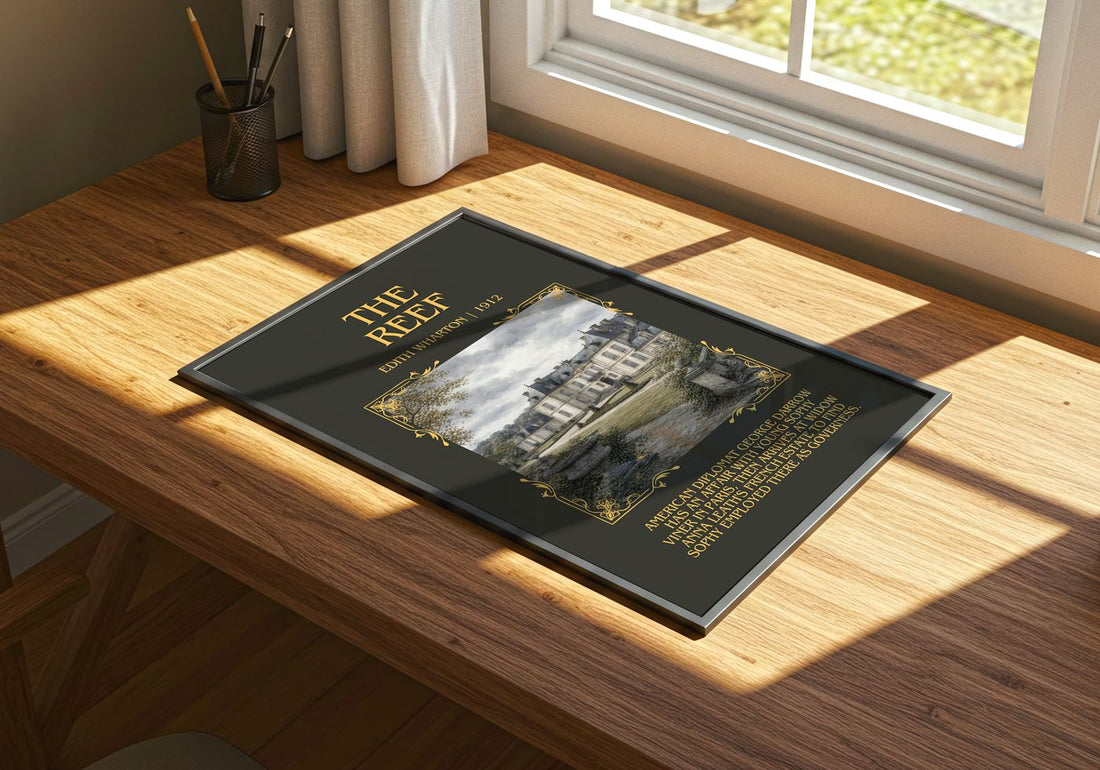 The Reef Minimalist Book Poster by Edith Wharton – print on a sunlit desk
