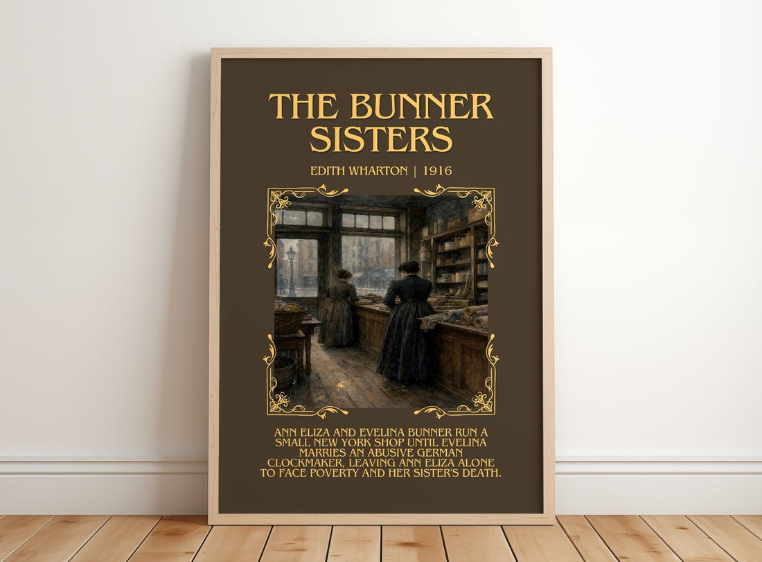 The Bunner Sisters Minimalist Book Poster by Edith Wharton – framed print leaning on a wooden floor
