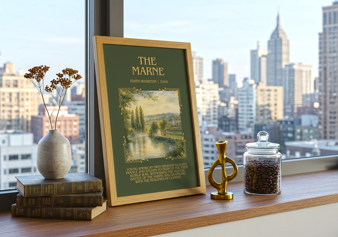 The Marne Minimalist Book Poster by Edith Wharton – framed print on a city-view windowsill