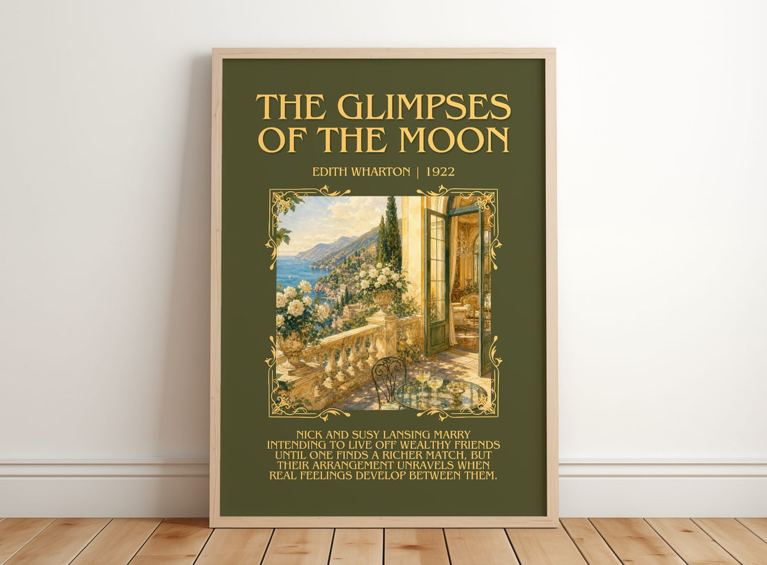 The Glimpses Of The Moon Minimalist Book Poster by Edith Wharton – framed print leaning on a wooden floor