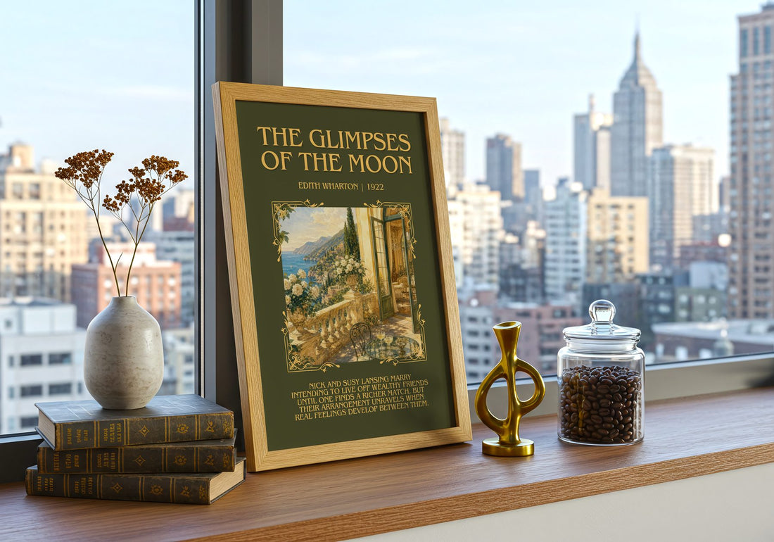 The Glimpses Of The Moon Minimalist Book Poster by Edith Wharton – framed print on a city-view windowsill