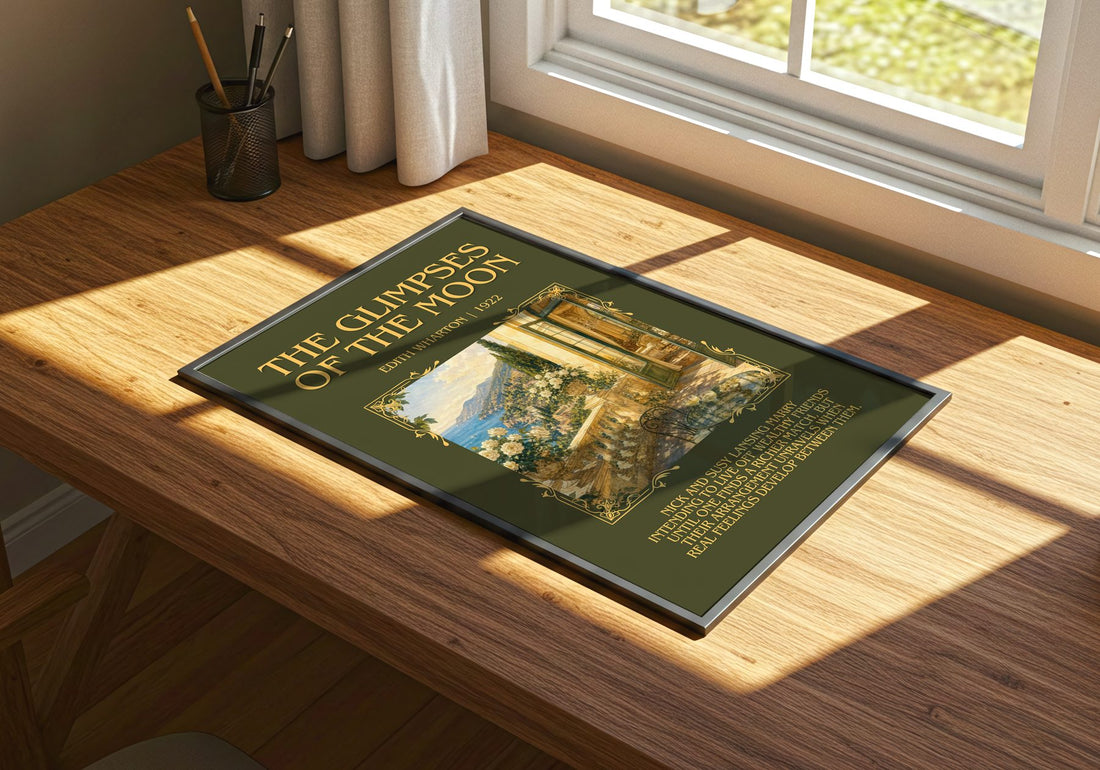 The Glimpses Of The Moon Minimalist Book Poster by Edith Wharton – print on a sunlit desk