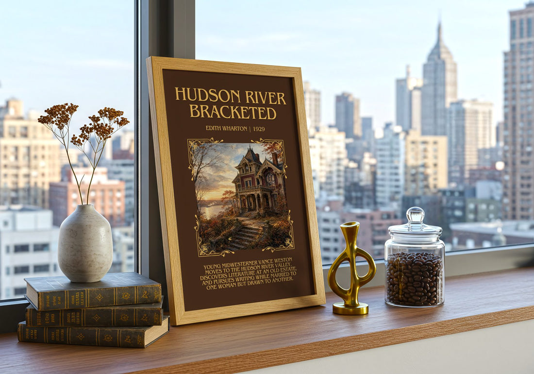Hudson River Bracketed Minimalist Book Poster by Edith Wharton – framed print on a city-view windowsill