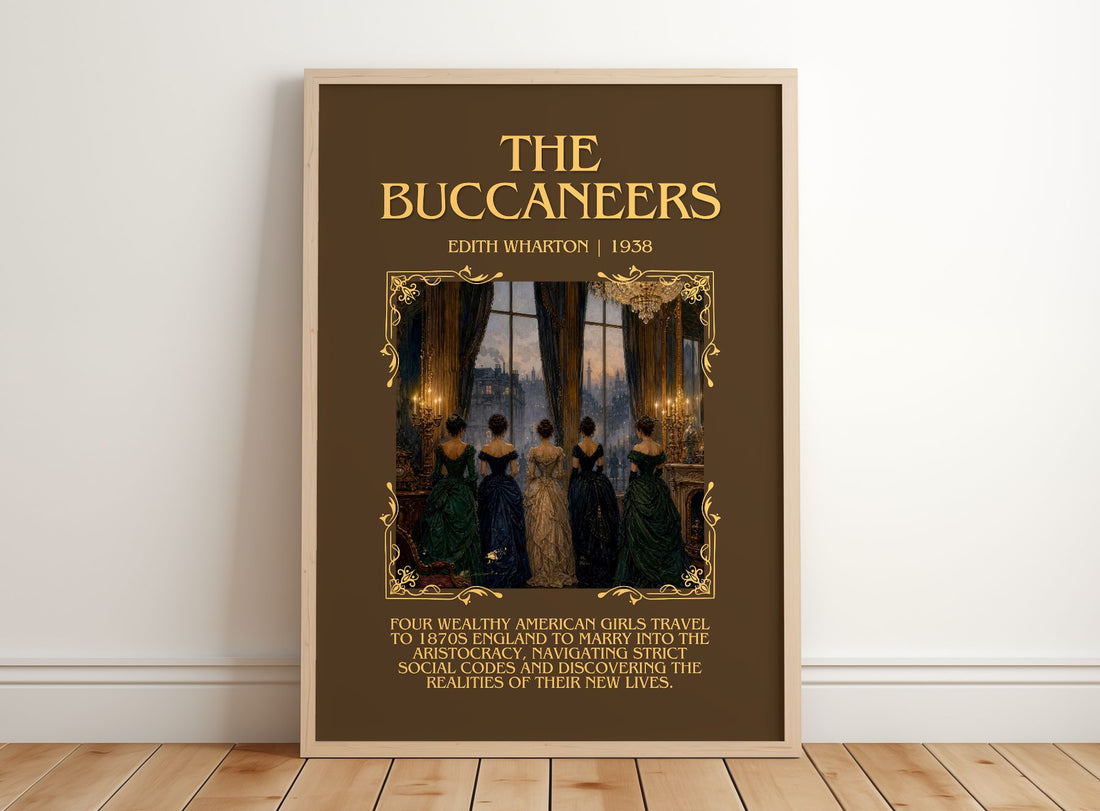 The Buccaneers Minimalist Book Poster by Edith Wharton – framed print leaning on a wooden floor