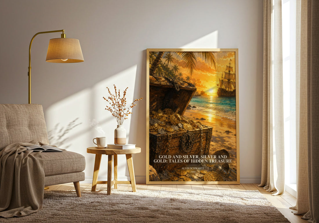 Gold And Silver, Silver And Gold: Tales Of Hidden Treasure watercolour print in frame leaning in hallway – childrens wall art (mockup)