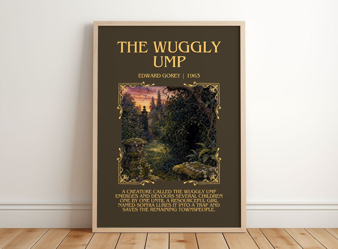 The Wuggly Ump Minimalist Book Poster by Edward Gorey – framed print leaning on a wooden floor