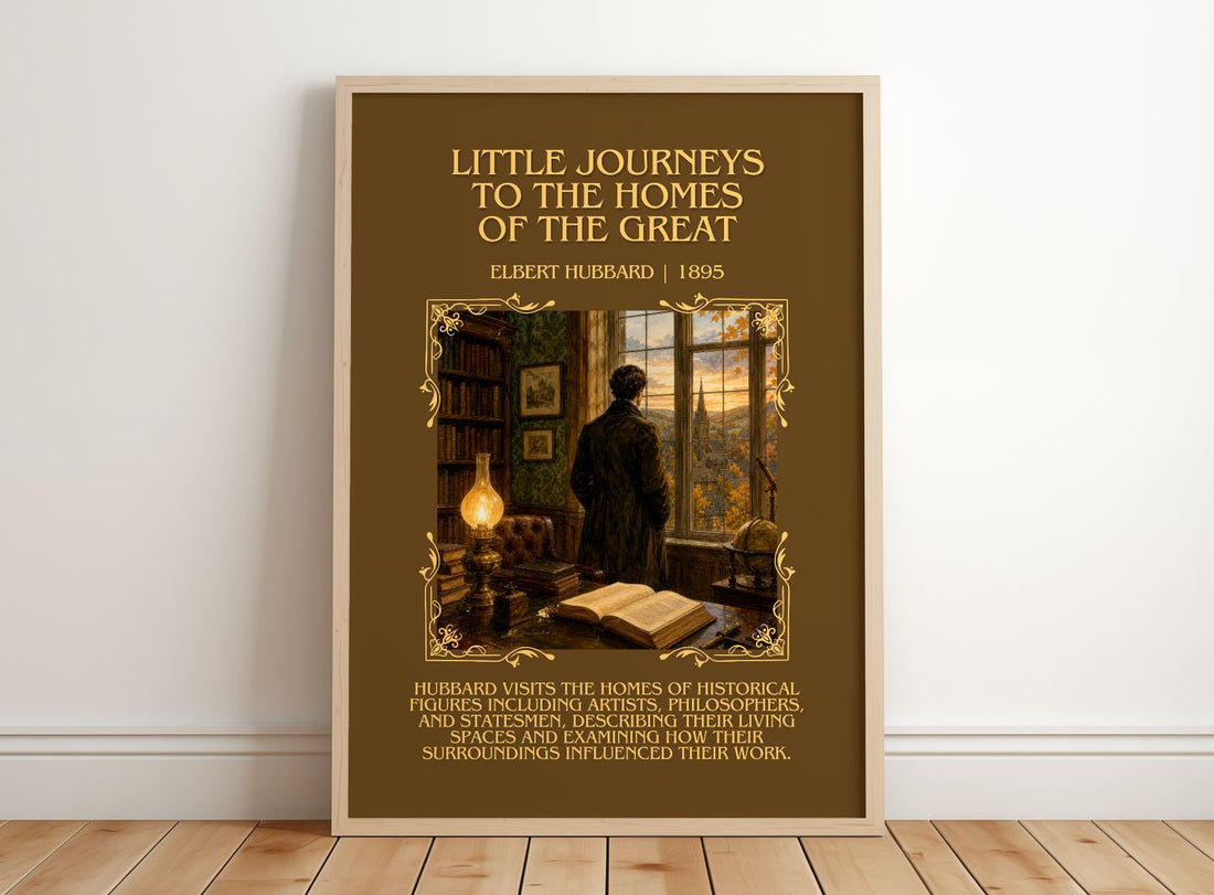 Little Journeys To The Homes Of The Great Minimalist Book Poster – framed print leaning on a wooden floor