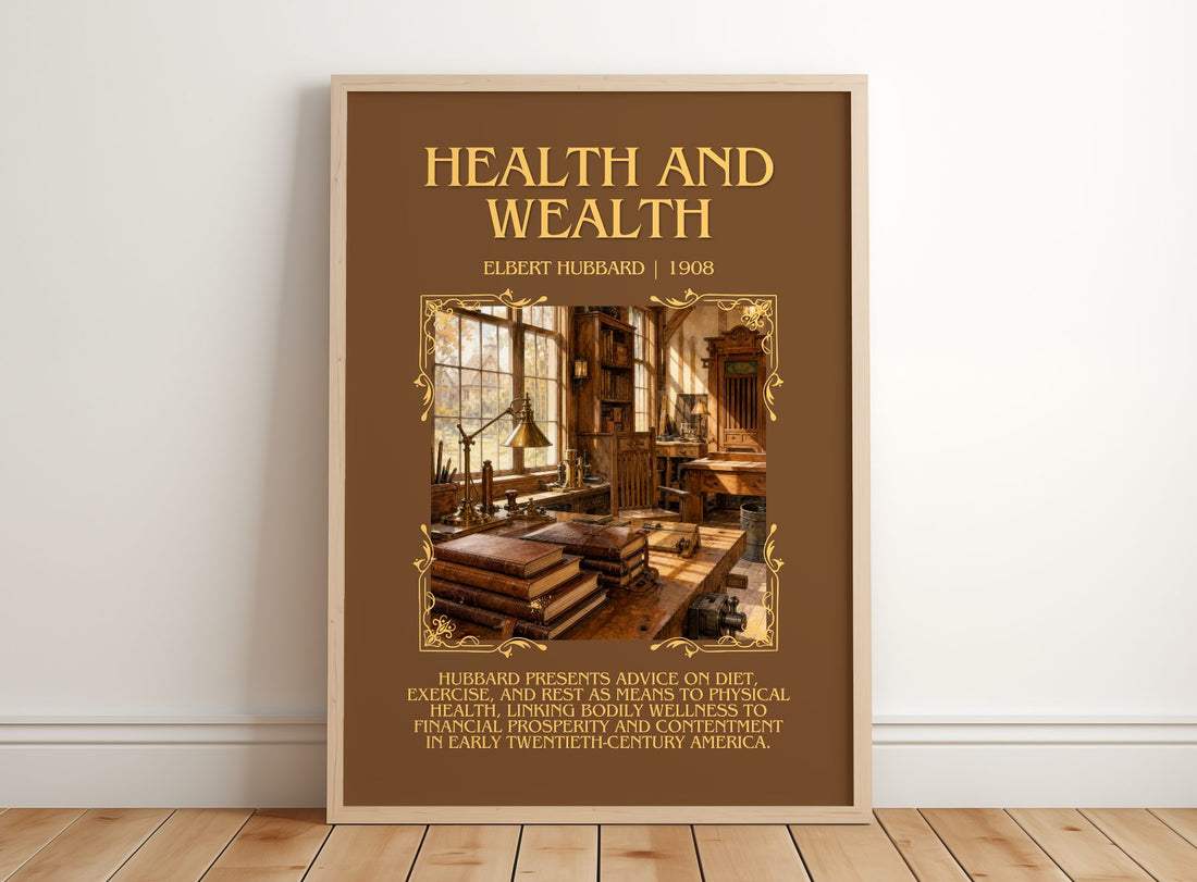 Health And Wealth Minimalist Book Poster by Elbert Hubbard – framed print leaning on a wooden floor