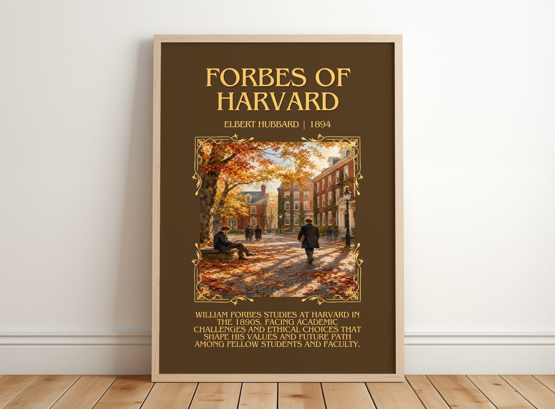 Forbes Of Harvard Minimalist Book Poster by Elbert Hubbard – framed print leaning on a wooden floor