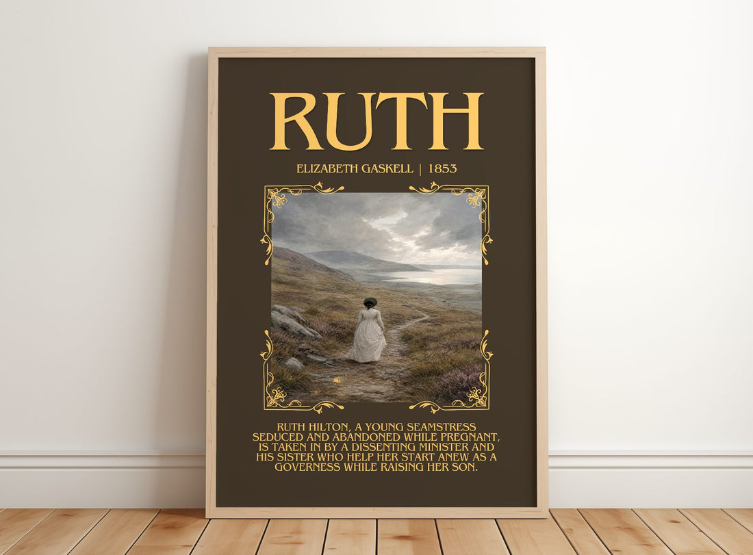 Ruth Minimalist Book Poster by Elizabeth Gaskell – framed print leaning on a wooden floor