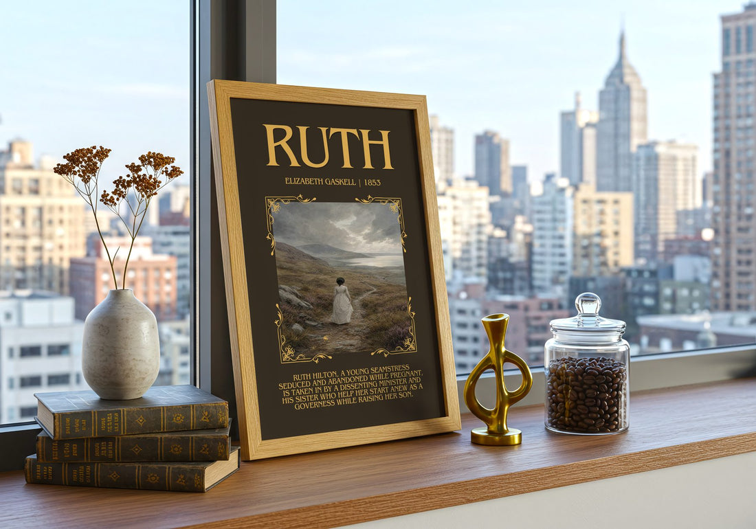 Ruth Minimalist Book Poster by Elizabeth Gaskell – framed print on a city-view windowsill