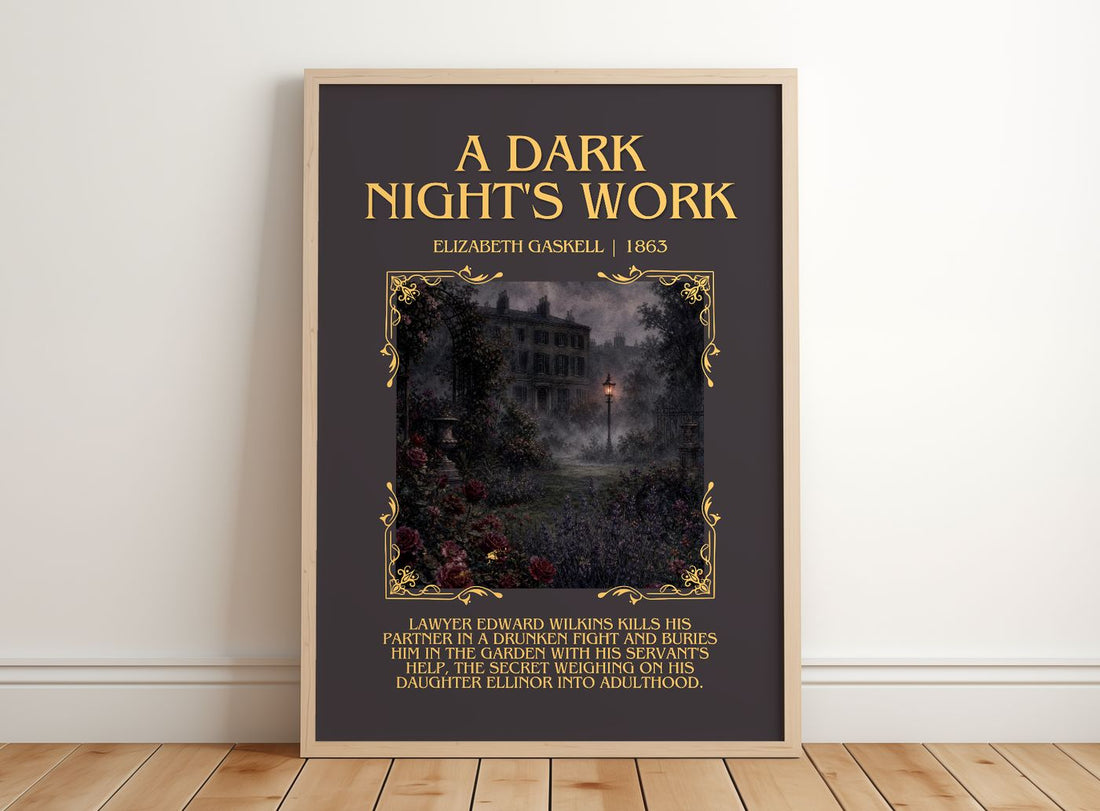 A Dark Night'S Work Minimalist Book Poster by Elizabeth Gaskell – framed print leaning on a wooden floor