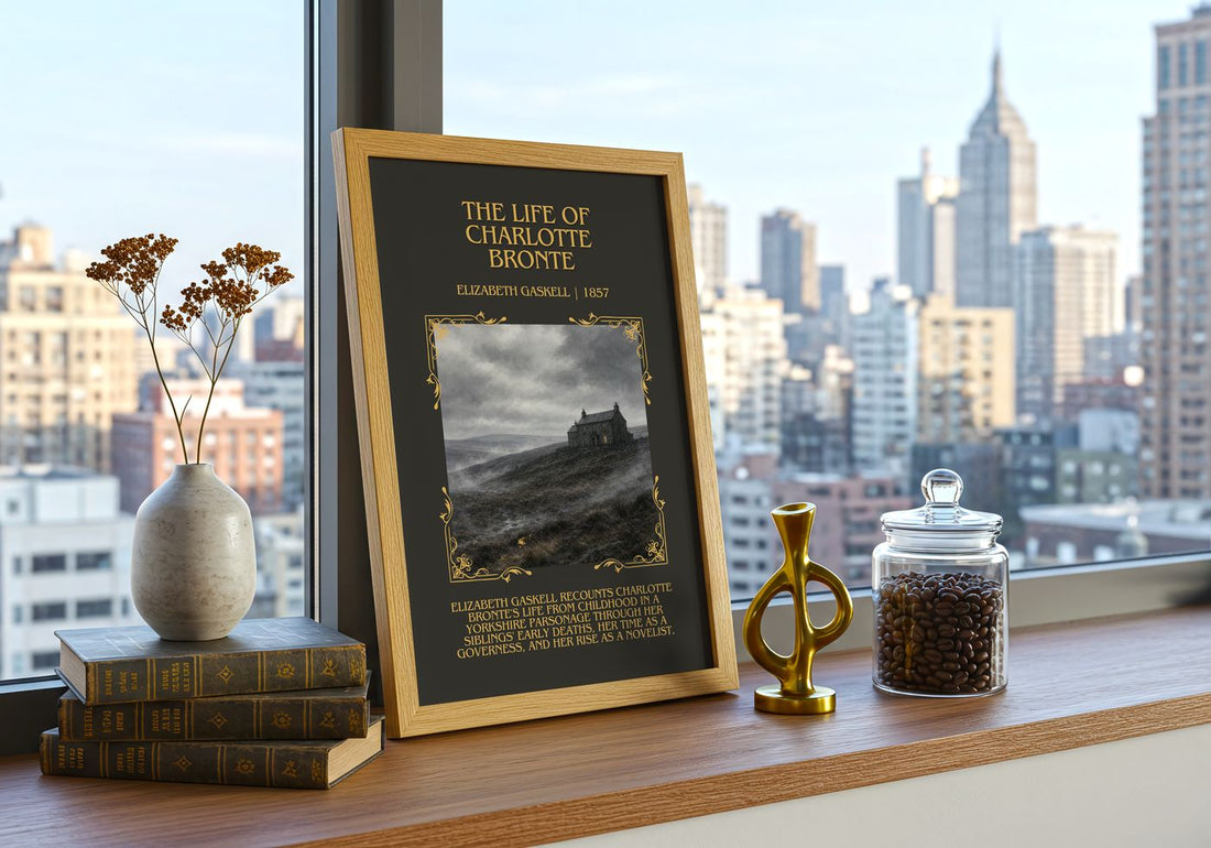 Life Of Charlotte Brontë Minimalist Book Poster by Elizabeth Gaskell – framed print on a city-view windowsill