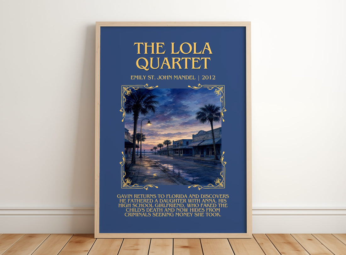 The Lola Quartet Minimalist Book Poster by Emily St. John Mandel – framed print leaning on a wooden floor