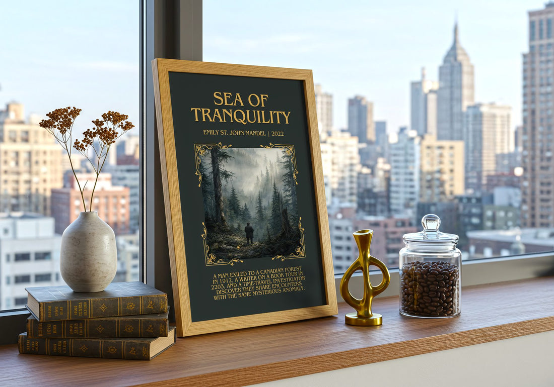 Sea Of Tranquility Minimalist Book Poster by Emily St. John Mandel – framed print on a city-view windowsill
