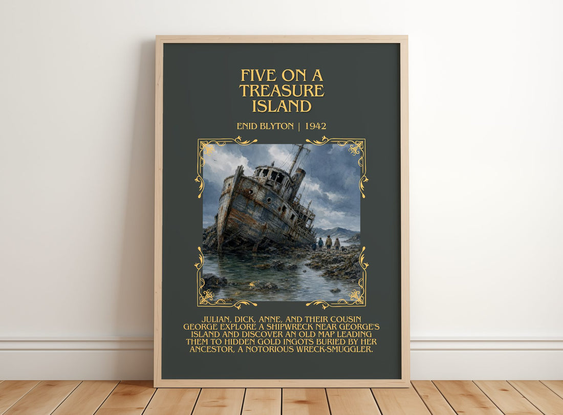 Five On A Treasure Island Minimalist Book Poster by Enid Blyton – framed print leaning on a wooden floor