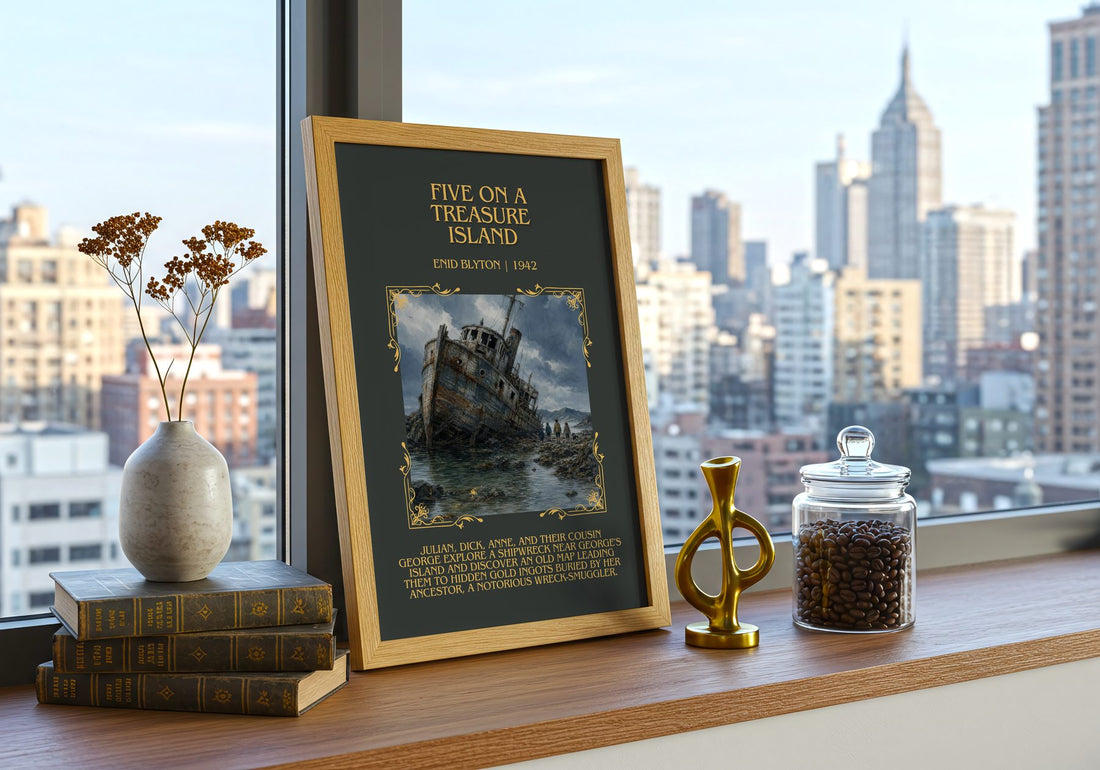 Five On A Treasure Island Minimalist Book Poster by Enid Blyton – framed print on a city-view windowsill