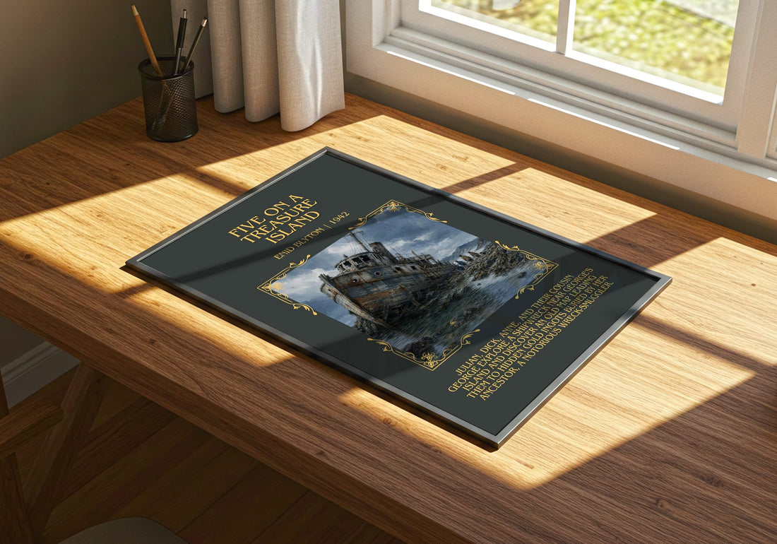 Five On A Treasure Island Minimalist Book Poster by Enid Blyton – print on a sunlit desk