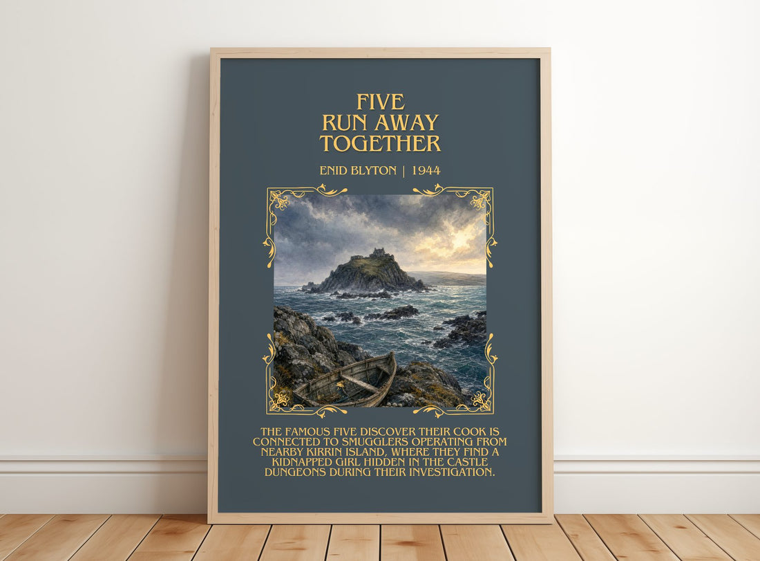 Five Run Away Together Minimalist Book Poster by Enid Blyton – framed print leaning on a wooden floor