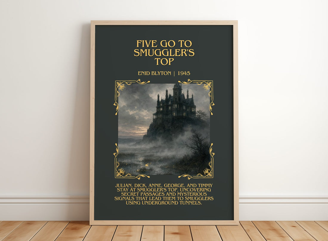 Five Go To Smuggler'S Top Minimalist Book Poster by Enid Blyton – framed print leaning on a wooden floor