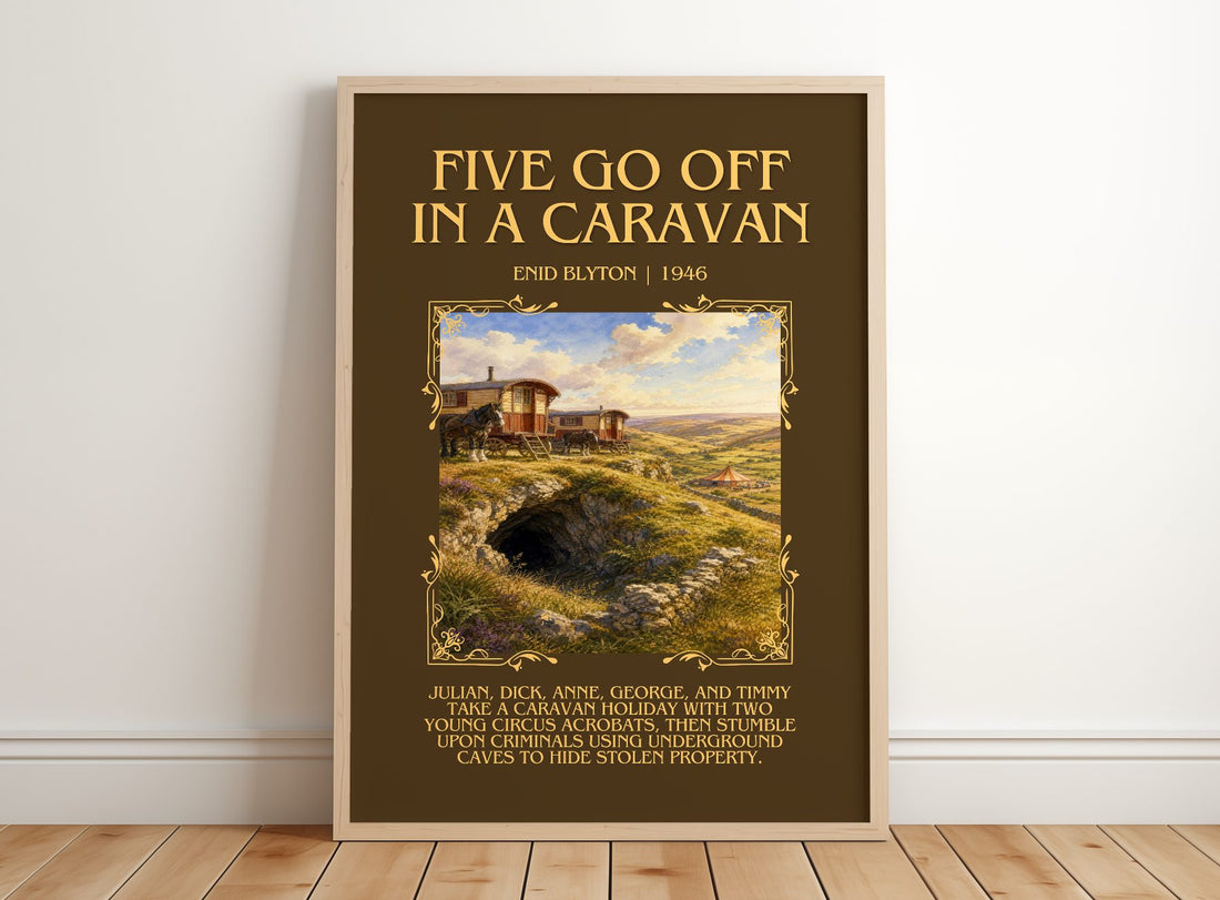 Five Go Off In A Caravan Minimalist Book Poster by Enid Blyton – framed print leaning on a wooden floor