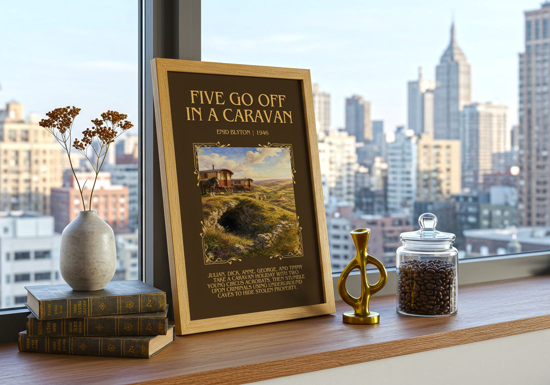 Five Go Off In A Caravan Minimalist Book Poster by Enid Blyton – framed print on a city-view windowsill