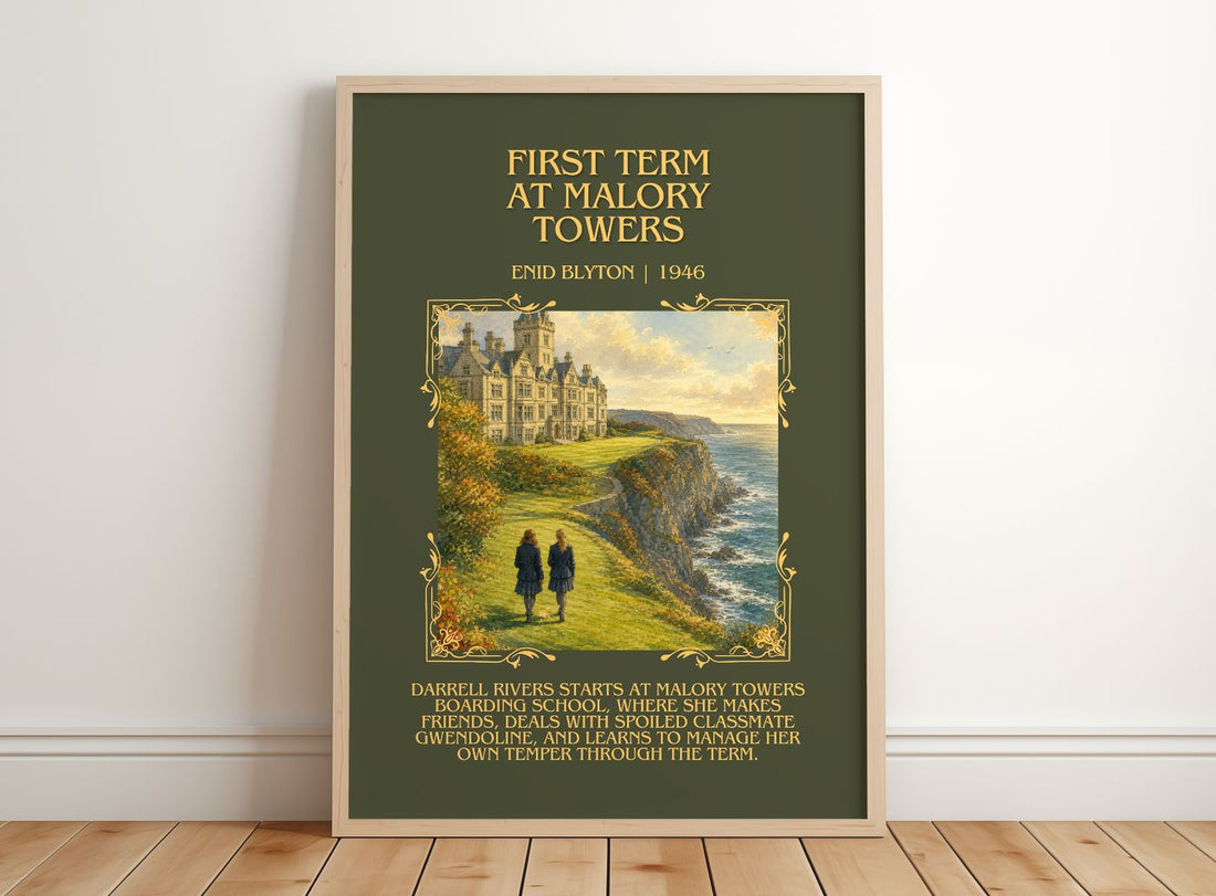 First Term At Malory Towers Minimalist Book Poster by Enid Blyton – framed print leaning on a wooden floor