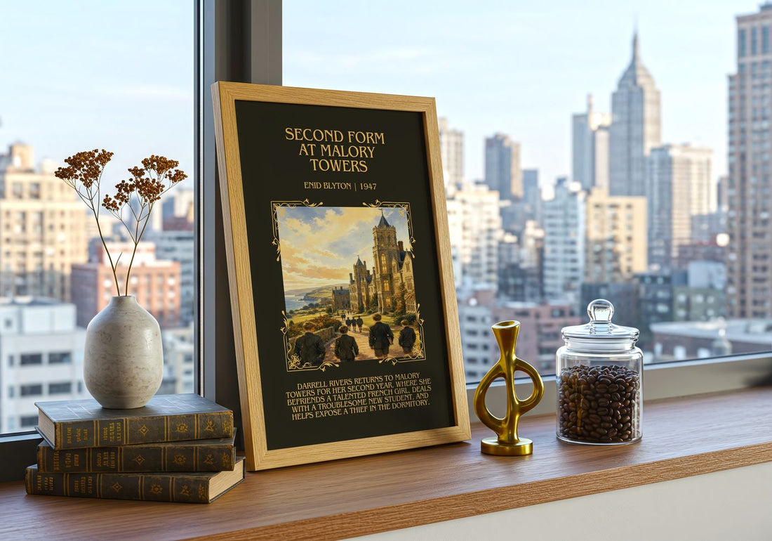 Second Form At Malory Towers Minimalist Book Poster by Enid Blyton – framed print on a city-view windowsill