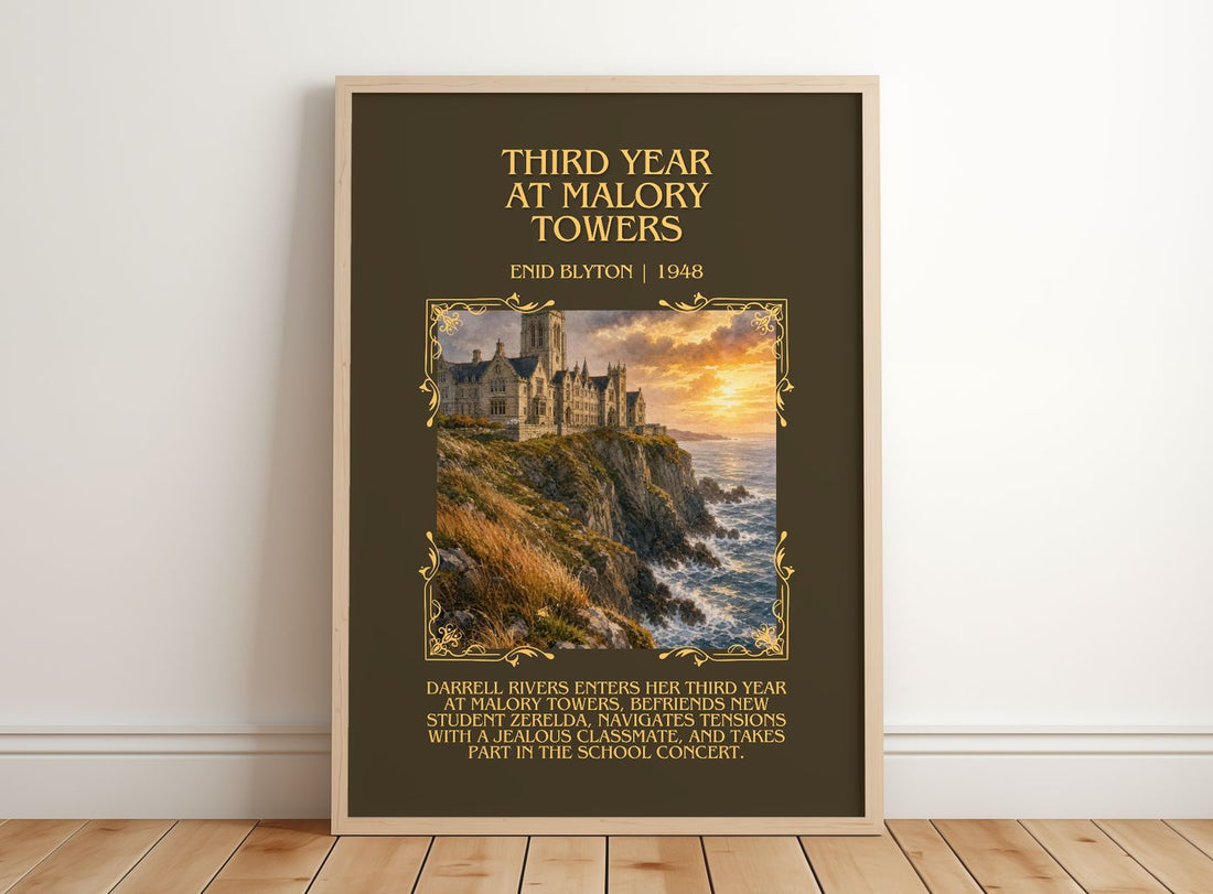Third Year At Malory Towers Minimalist Book Poster by Enid Blyton – framed print leaning on a wooden floor