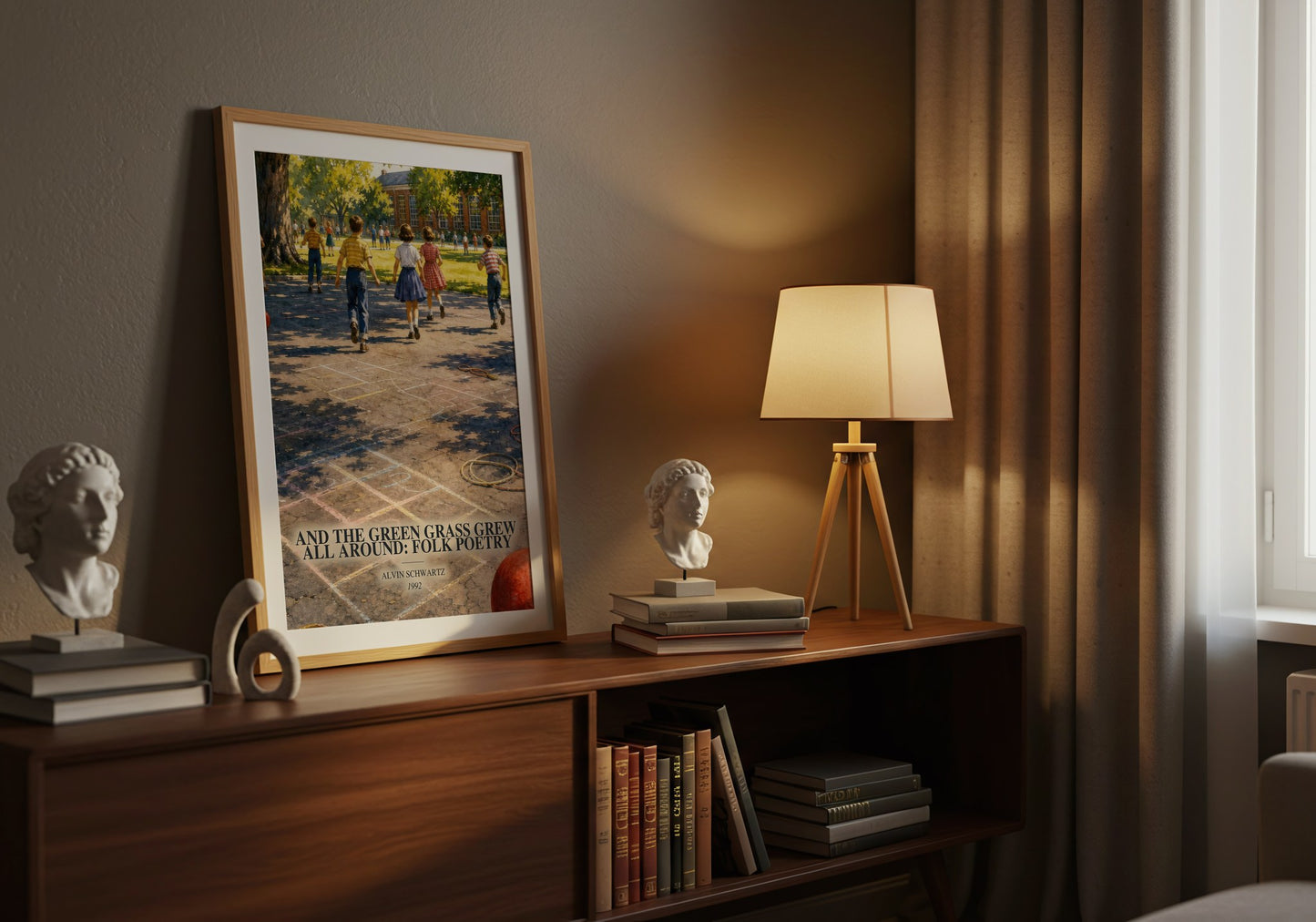 And The Green Grass Grew All Around: Folk Poetry watercolour print on bookshelf – Alvin Schwartz fan gift