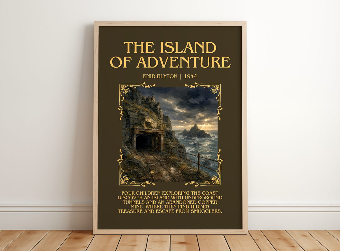 The Island Of Adventure Minimalist Book Poster by Enid Blyton – framed print leaning on a wooden floor