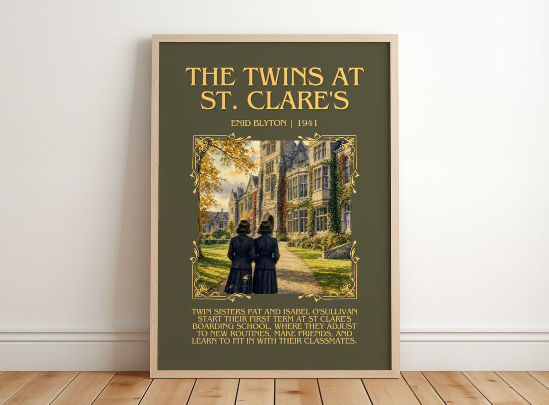 The Twins At St. Clare'S Minimalist Book Poster by Enid Blyton – framed print leaning on a wooden floor