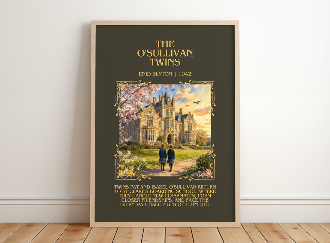 The O'Sullivan Twins Minimalist Book Poster by Enid Blyton – framed print leaning on a wooden floor