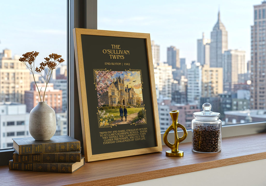 The O'Sullivan Twins Minimalist Book Poster by Enid Blyton – framed print on a city-view windowsill