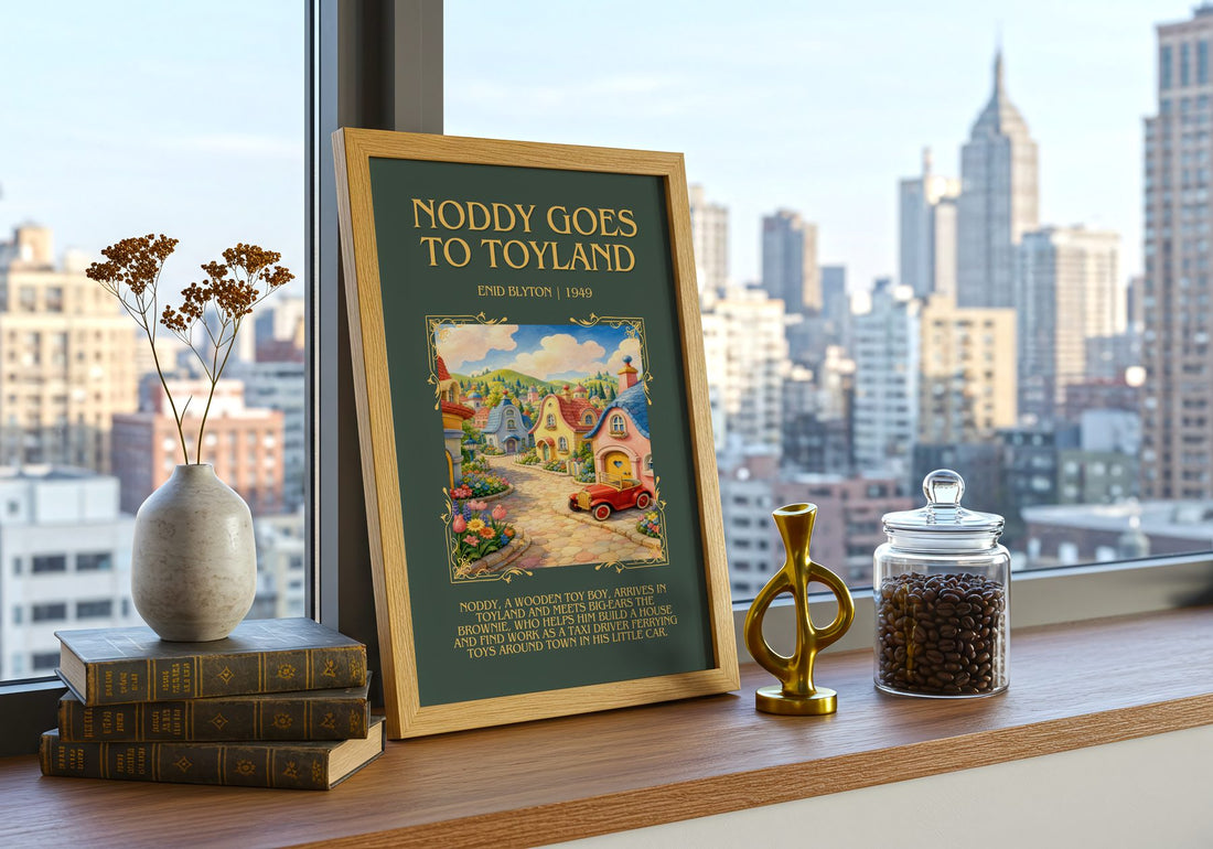 Noddy Goes To Toyland Minimalist Book Poster by Enid Blyton – framed print on a city-view windowsill